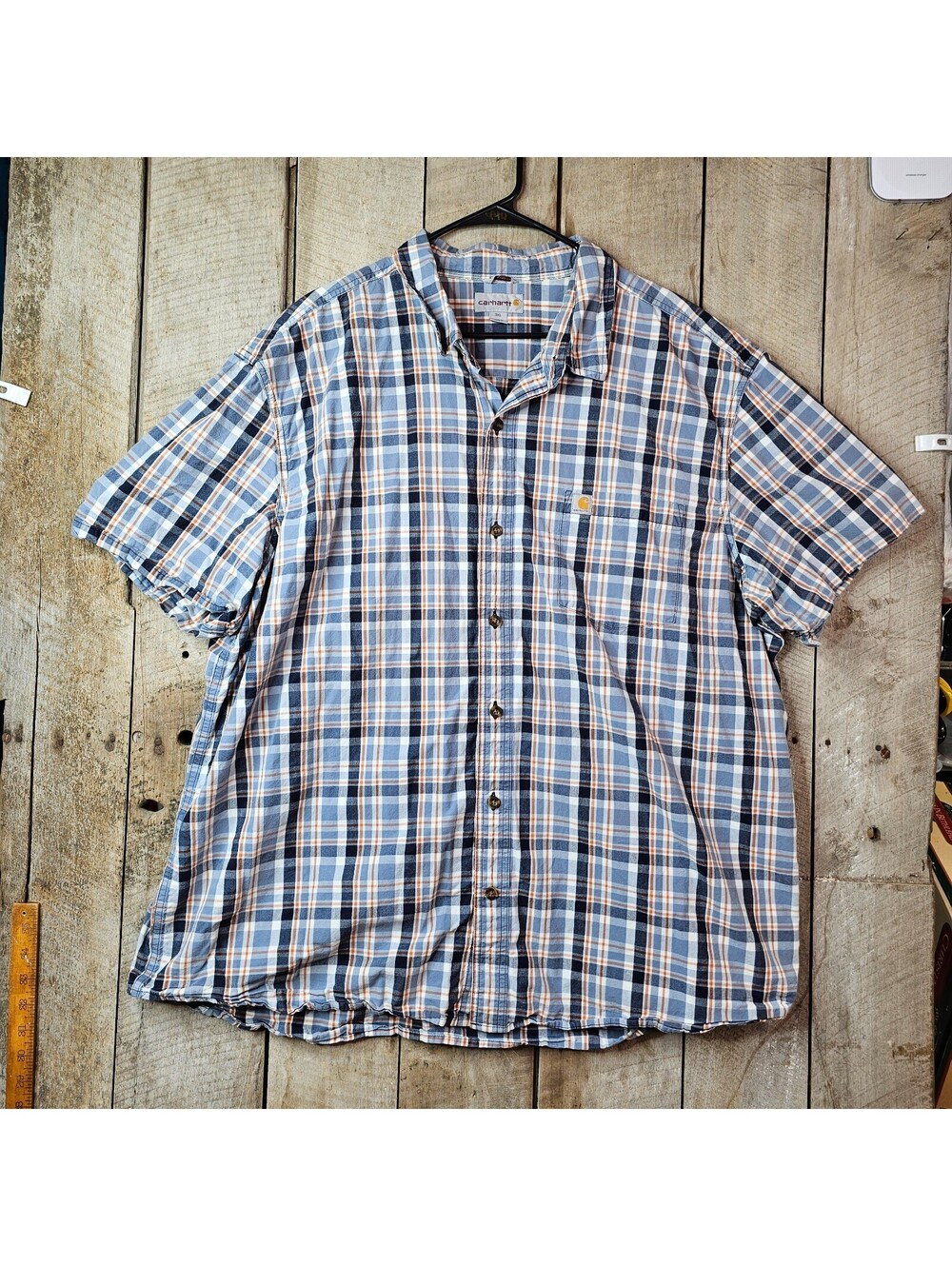 Carhartt Plaid Button Up Shirt Mens 3XL Short Sleeve Workwear Blue Orange